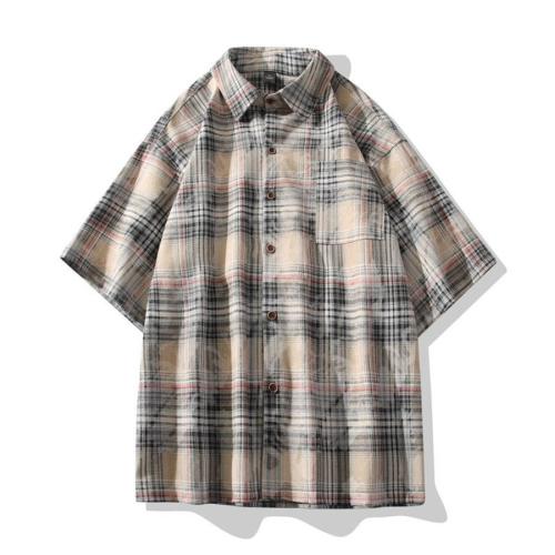 Casual plus size non-stretch plaid print loose short sleeve shirt