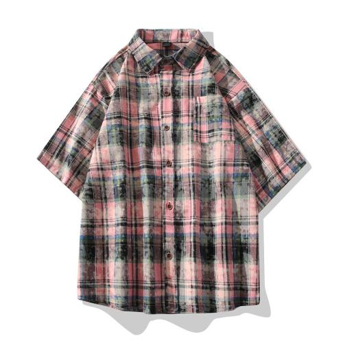 Casual plus size non-stretch plaid print loose short sleeve shirt#1