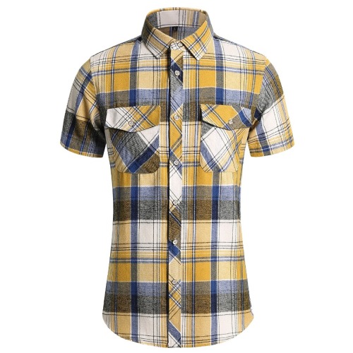 Casual plus size non-stretch plaid print with pockets short sleeve shirt#1