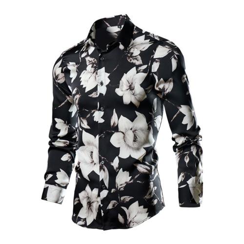 Casual plus size non-stretch flowers batch printing long sleeve shirt