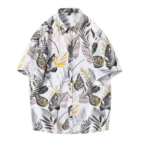 Casual plus size non-stretch leaf print loose short sleeve shirt