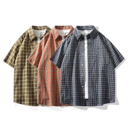 Casual plus size non-stretch plaid print loose short sleeve shirt