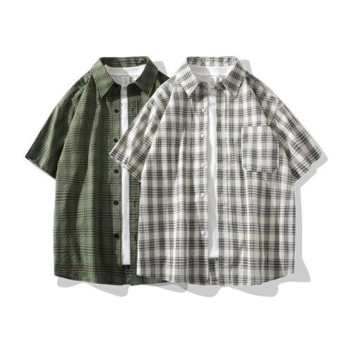 Casual plus size non-stretch plaid print single-breasted short sleeve shirt