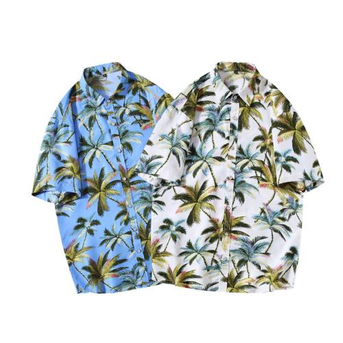 Casual plus size non-stretch coconut tree print short sleeve shirt size run small