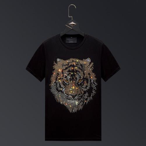 Casual plus size stretch tiger head rhinestone breathable t-shirt size run small