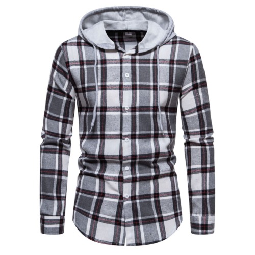 Casual plus size non-stretch plaid print hooded all-match shirt#1