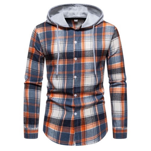 Casual plus size non-stretch plaid print hooded all-match shirt#2