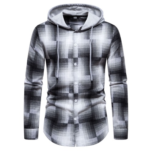 Casual plus size non-stretch plaid print hooded all-match shirt#3