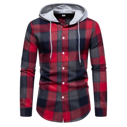 Casual plus size non-stretch plaid print hooded all-match shirt#4