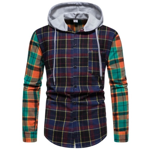 Casual plus size non-stretch multicolor plaid print hooded all-match shirt#2