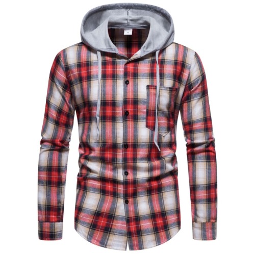 Casual plus size non-stretch multicolor plaid print hooded all-match shirt#3