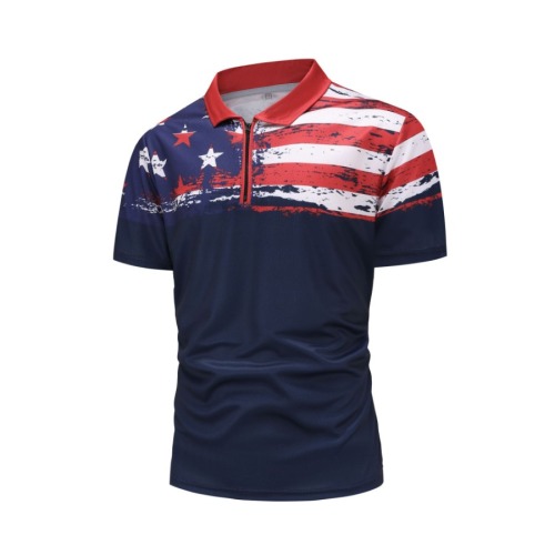 Casual plus size high non-stretch american flag print short-sleeved polo shirt