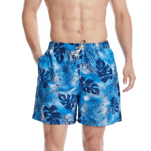 Plus size non-stretch leaf print quick-dry beach shorts (with mesh lining)