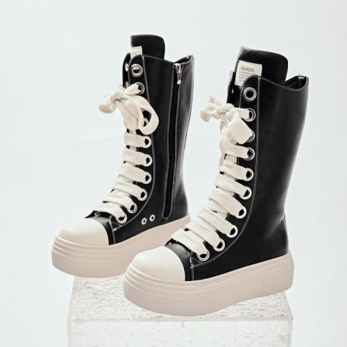 Men casual pu leather high upper strappy zip-up side thick bottoms sneakers boot