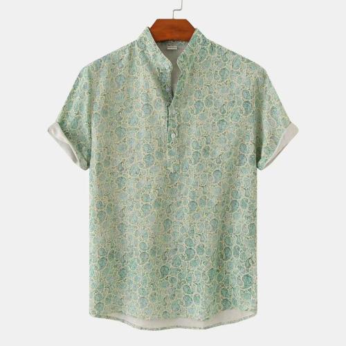 Casual plus size non-stretch breathable paisley print short sleeve shirt