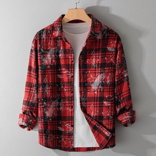 Casual plus size non-stretch tie-dye plaid print long-sleeved loose shirt