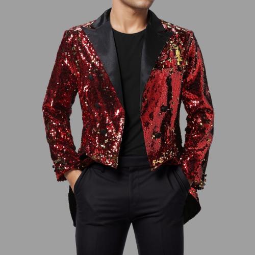 Elegant plus size non-stretch sequins design slit tuxedo blazer