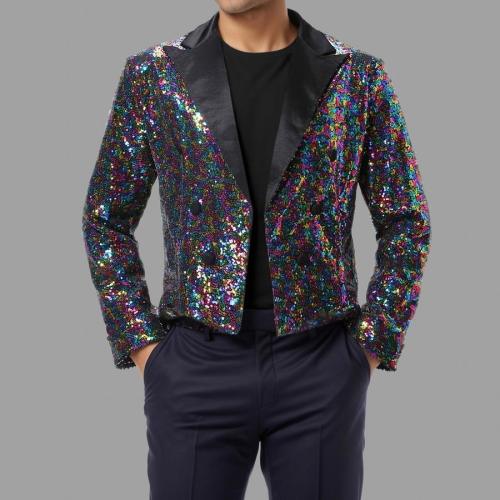 Elegant plus size non-stretch colorful sequins design slit tuxedo blazer