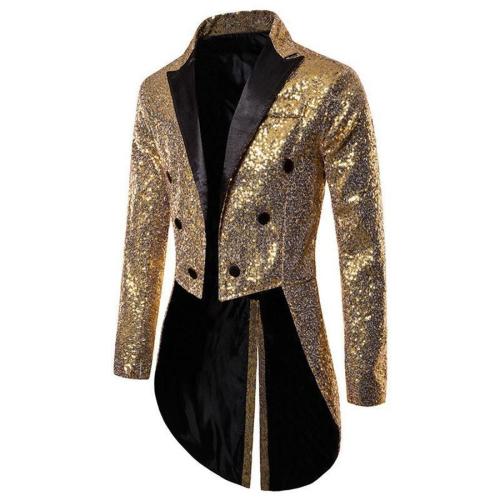 Elegant plus size non-stretch solid color sequins design slit tuxedo blazer