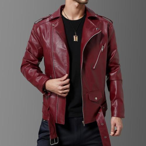 Stylish non-stretch solid color with belt zip-up pu jacket