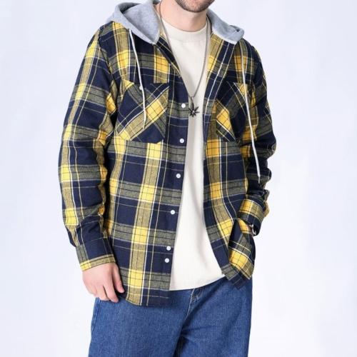 Casual plus size non-stretch contrast color plaid hooded long-sleeved shirt