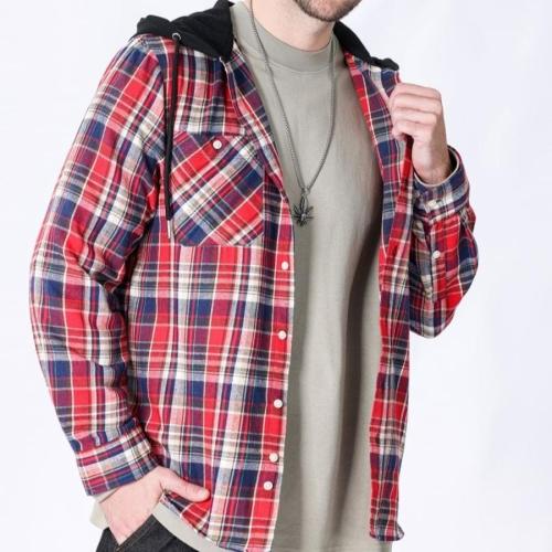 Casual plus size non-stretch contrast color plaid hooded long-sleeved shirt #2