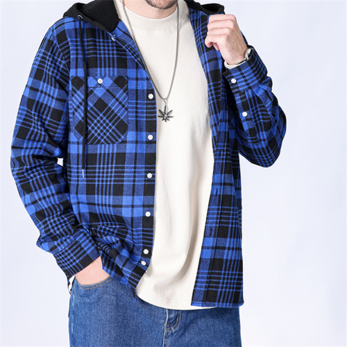 Casual plus size non-stretch contrast color plaid hooded long-sleeved shirt #3