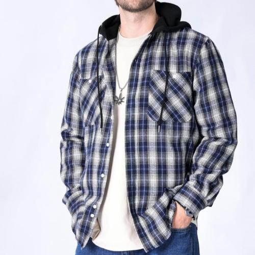 Casual plus size non-stretch contrast color plaid hooded long-sleeved shirt #8