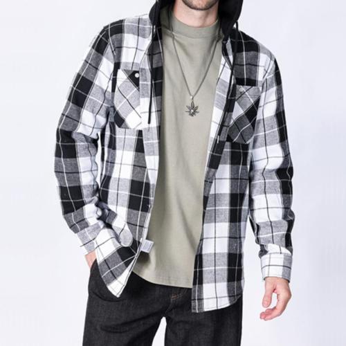 Casual plus size non-stretch contrast color plaid hooded long-sleeved shirt #7