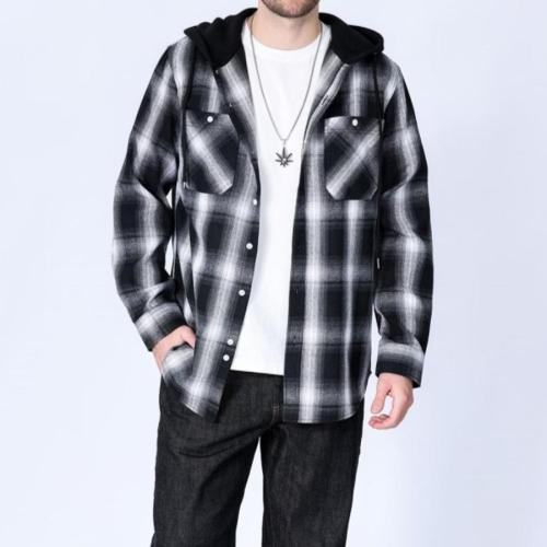 Casual plus size non-stretch contrast color plaid hooded long-sleeved shirt #9