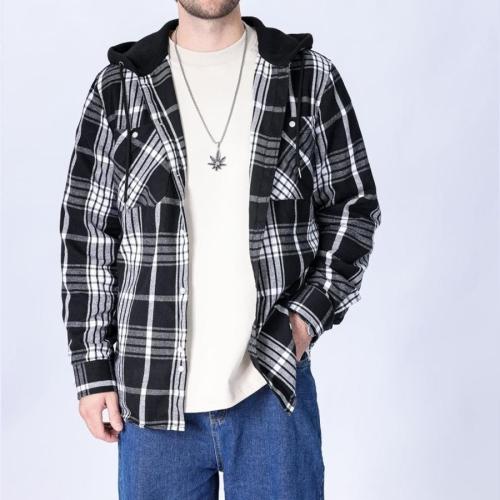 Casual plus size non-stretch contrast color plaid hooded long-sleeved shirt #10