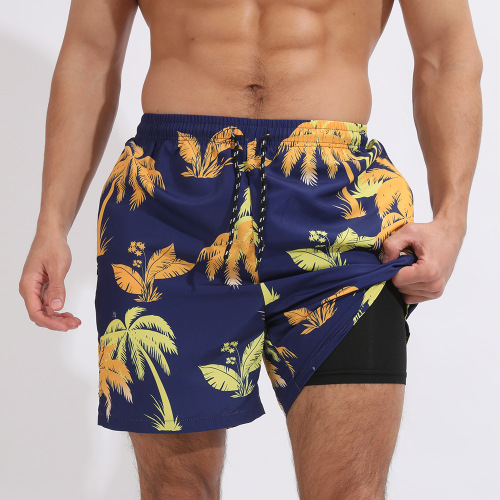 Plus-size new slight stretch plants printing patchwork beach shorts with liner