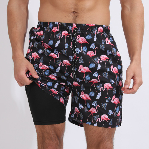 Plus-size new slight stretch flamingo printing patchwork beach shorts with liner