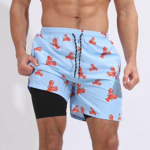 Plus-size new slight stretch crawfish printing patchwork beach shorts with liner