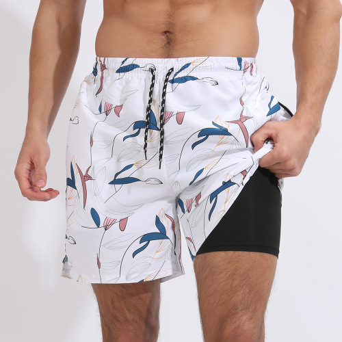 Plus-size new slight stretch leafs printing patchwork beach shorts with liner