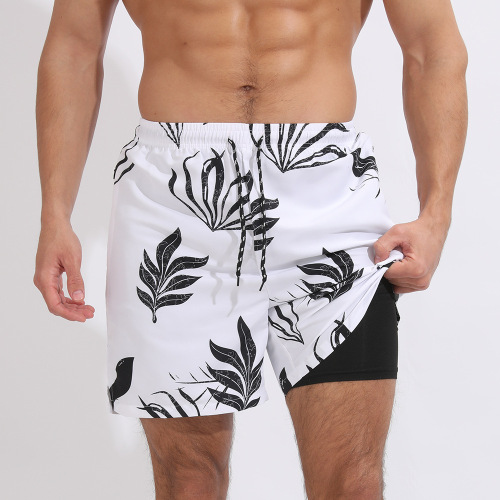 Plus-size casual slight stretch seaweed batch printing beach shorts with liner