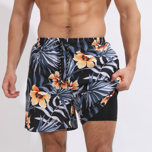 Plus-size casual slight stretch palm leaves printing beach shorts with liner