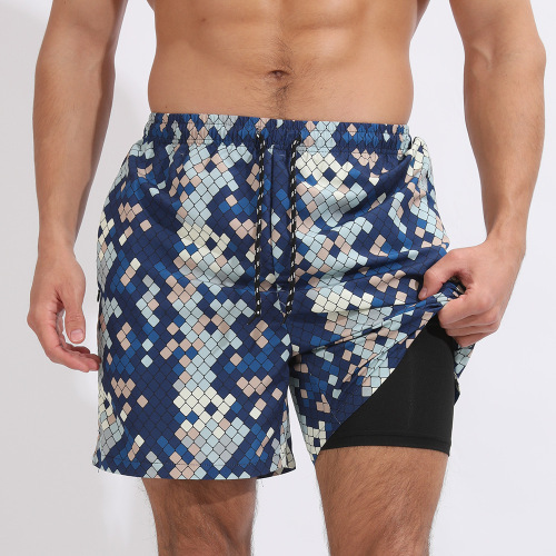 Plus-size new slight stretch patchwork lattice printing beach shorts with liner