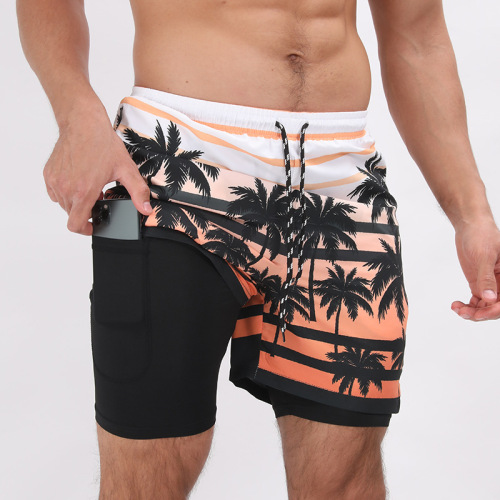 Plus-size casual slight stretch striped palm printing beach shorts with liner