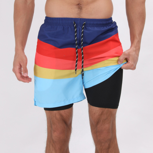 Plus-size casual slight stretch patchwork contrast color beach shorts with liner