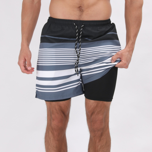 Plus-size casual slight stretch stripe contrast color beach shorts with liner