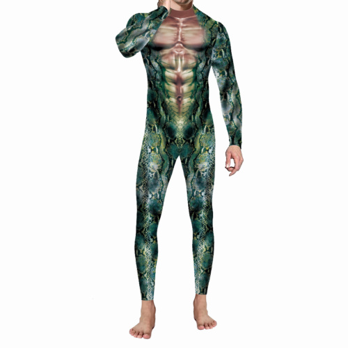 Halloween stylish men stretch snake printing skinny jumpsuit costume