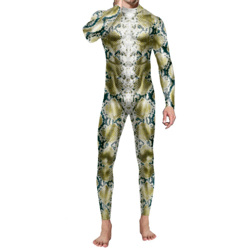 Halloween stylish men stretch snake printing zip-up skinny jumpsuit costume