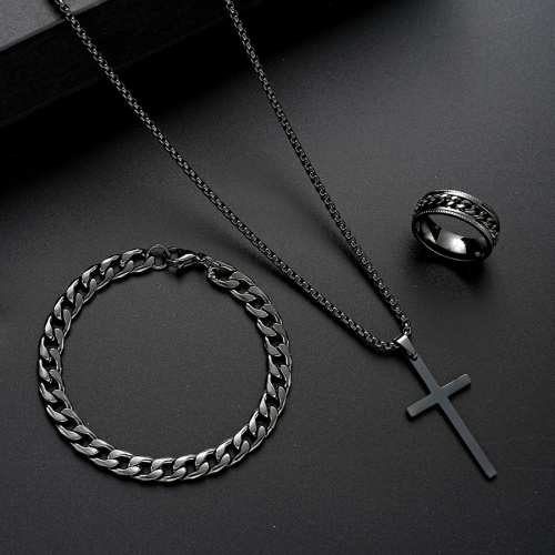 Three piece set cross stainless steel ring bracelet necklace #1 (mixed length)