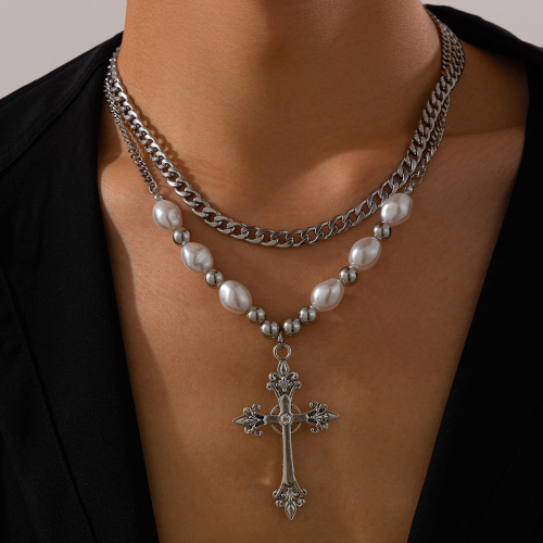 One pc personality beaded & crosses titanium steel necklace (length:51cm)