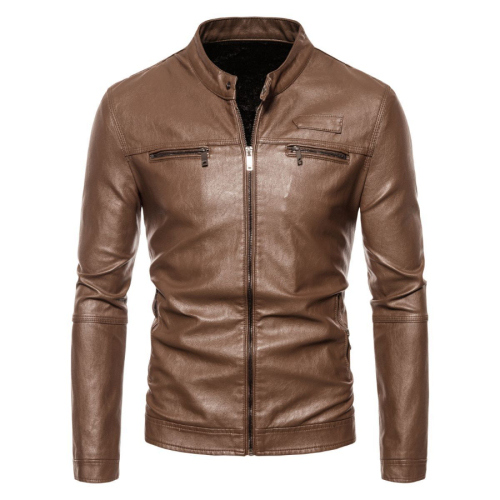 Casual plus size non-elastic solid color slim fleece warm leather jacket