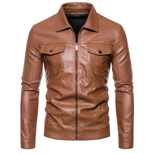 Casual plus size non-stretch solid color slim zip-up leather jacket