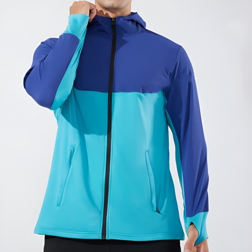 Sporty plus size slight stretch contrast color fleece thumb hole hooded jacket