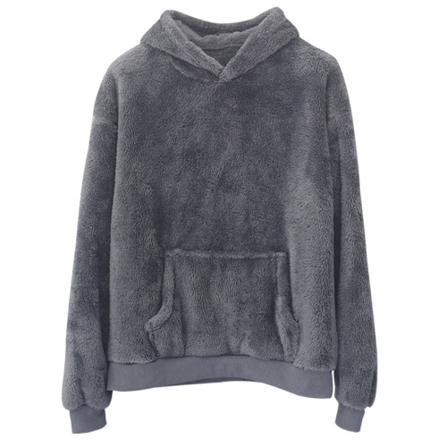 Casual plus size non-stretch solid color berber fleece hooded sweatshirt